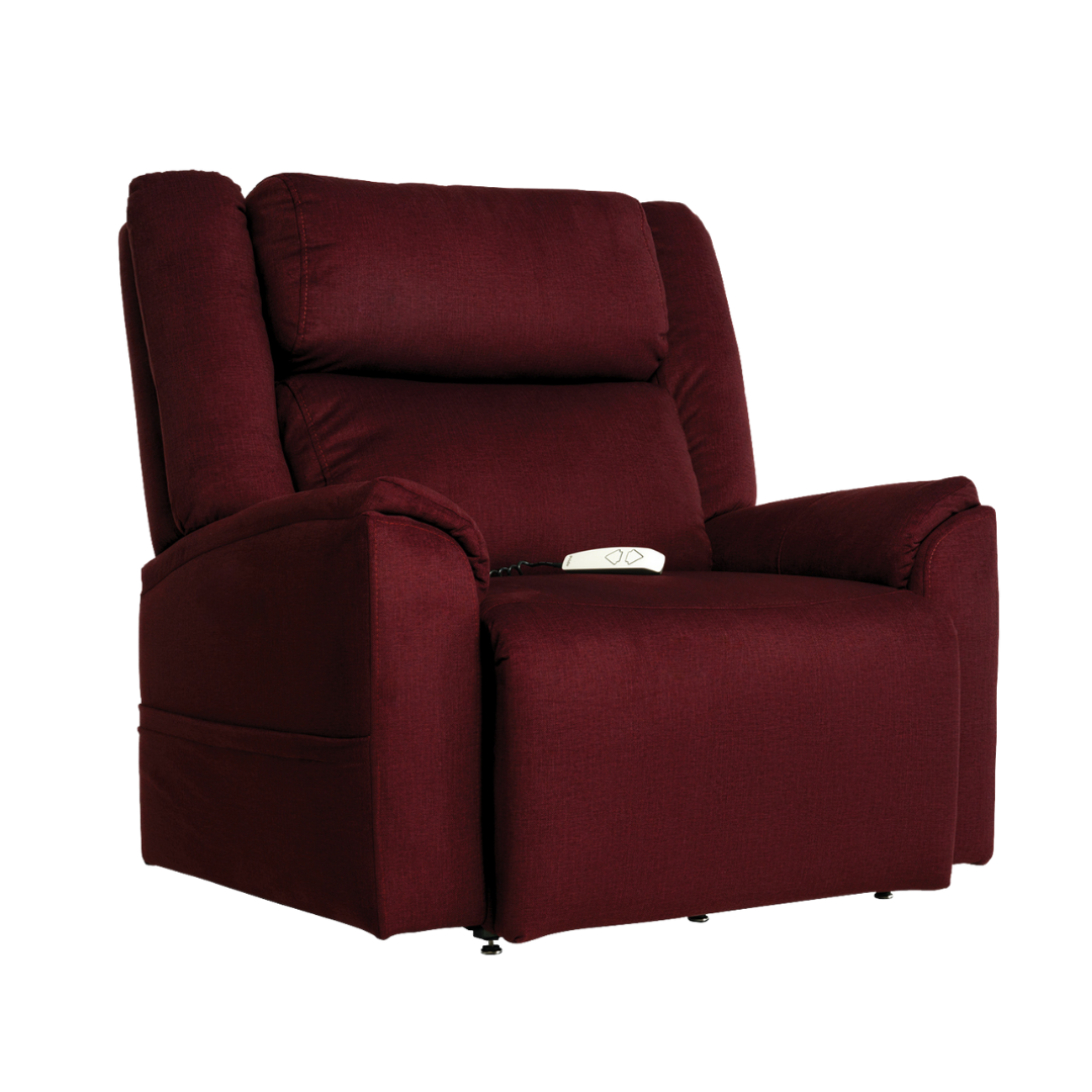 The Pride Mobility Evolution Collection Power Lift Recliner is a large, plush burgundy chair with padded armrests and backrest, featuring premium options like a remote control on the seat cushion.